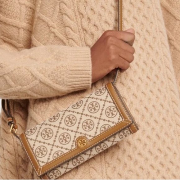 Tory Burch T Monogram Jacquard Wallet Crossbody Clutch Fanny Pack Hazelnut EUC - Picture 9 of 15